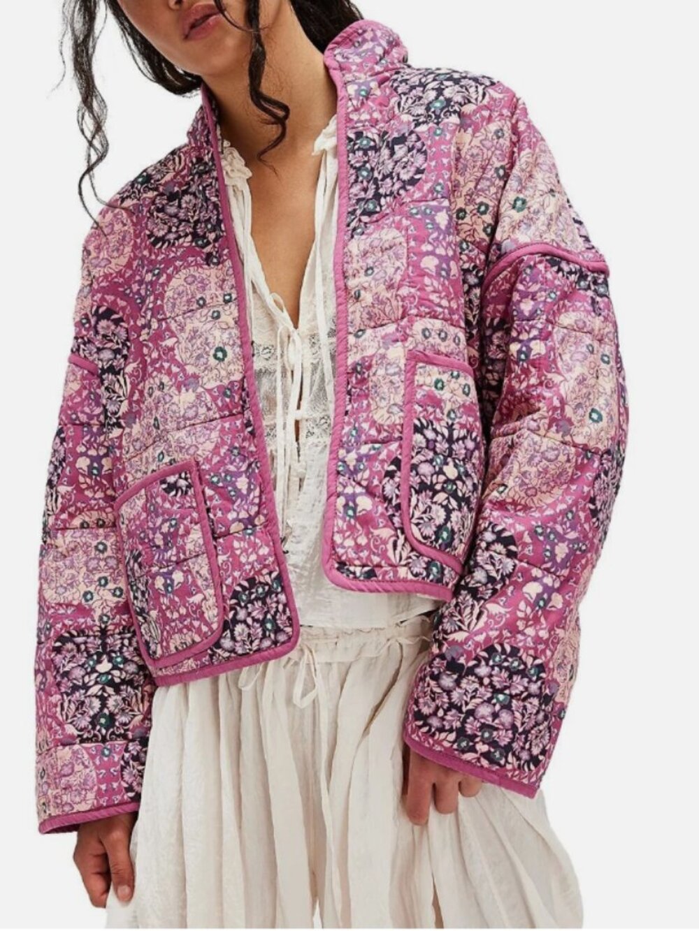 Free People Chloe Print Jacket - Pink Quilted Jacket - XL